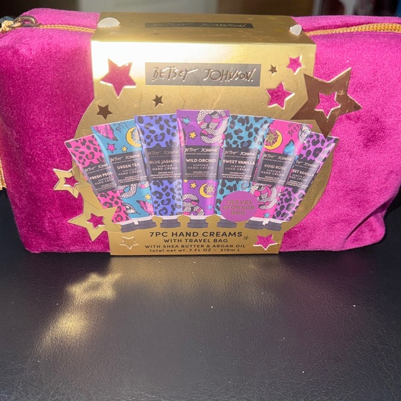 Betsey Johnson Other - Betsey Johnson Fuchsia Velvet Bag with Colorful Hand Creams